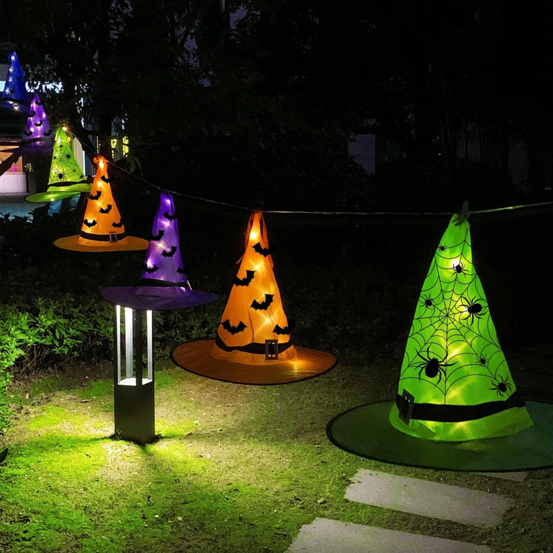 Alcott Hill Halloween Decorations Outdoor 8 Pcs 8 Lighting Modes LED Lights Witch Hat Lights Halloween Decor Hocus Pocus Decor For Garden Yard Indoor Outside Party 19.6Ft 4 Colors Wayfair